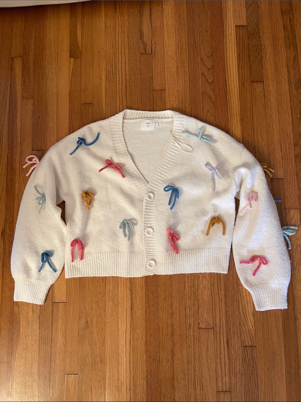 White Cropped Cardigan with Multicolor Bow Accents